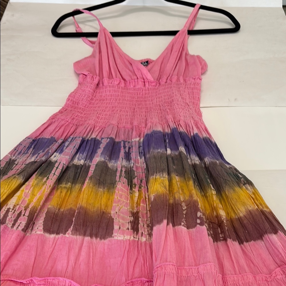 Beach dress Pink tie die Multicolor woman’s medium ruffle sleeveless strap dress
